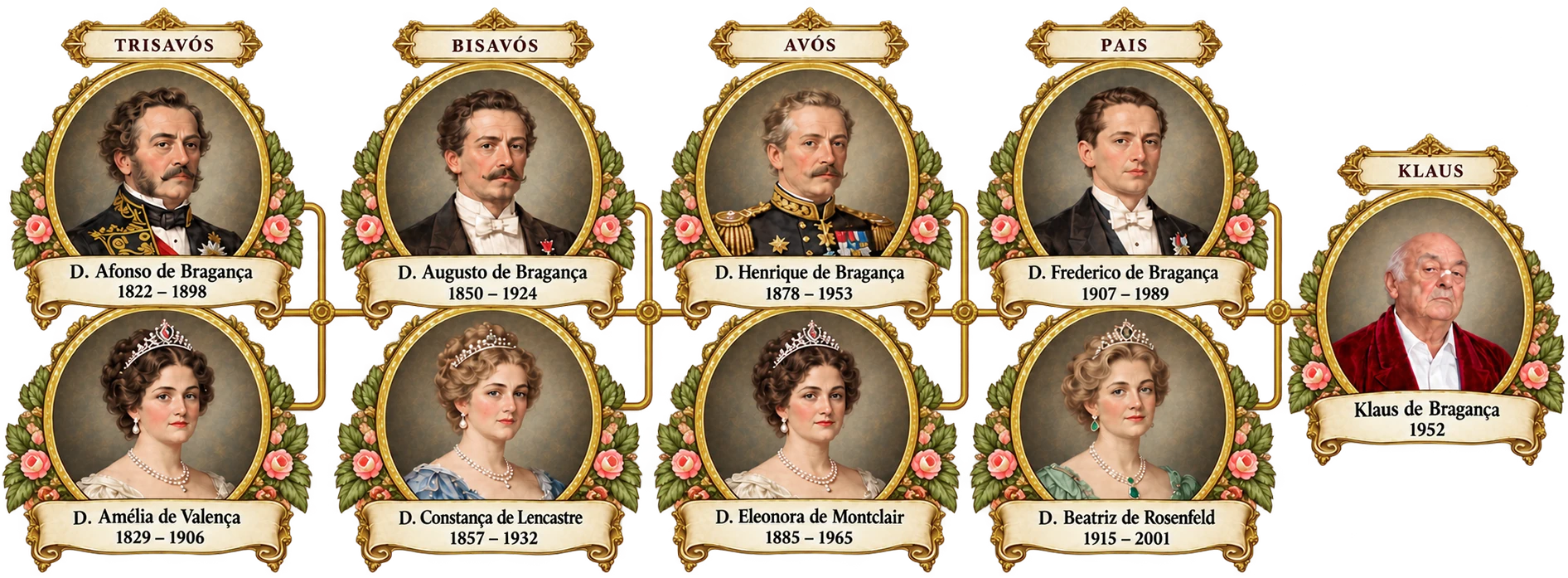 Linhagem fictícia de Klaus: trisavós Afonso e Amélia, bisavós Augusto e Constança, avós Henrique e Eleonora, pais Frederico e Beatriz, e Klaus de Bragança, nascido em 1952