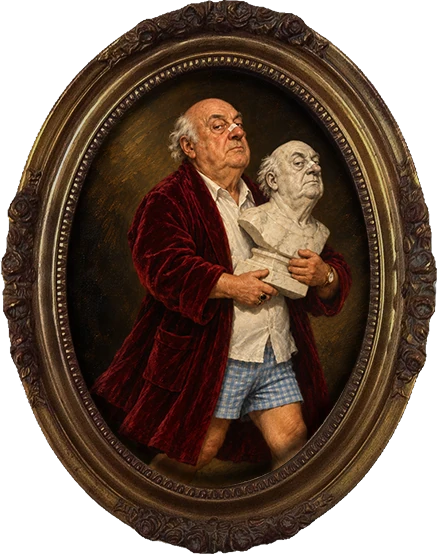 Retrato de Klaus segurando seu busto de mármore