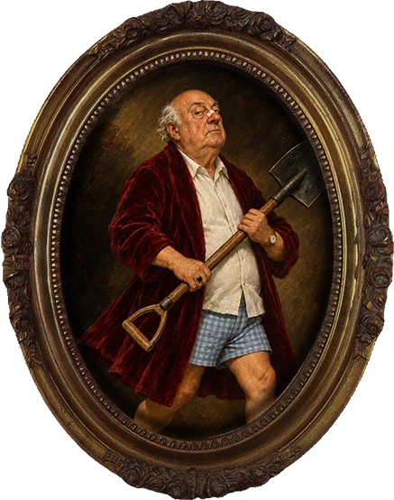 Retrato de Klaus com uma pá para a opção Enterrar uma Ferrari